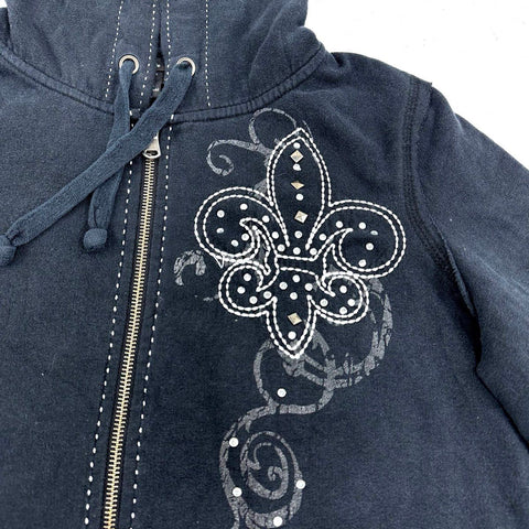 Vanity Women's Black Fleur De Lis Studded Full Zip Hoodie Sz L
