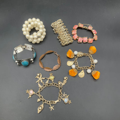 Vintage Monet Signed & Retro Jewelry Lot 7 Bracelets Nautical Faux Pearl Leaf