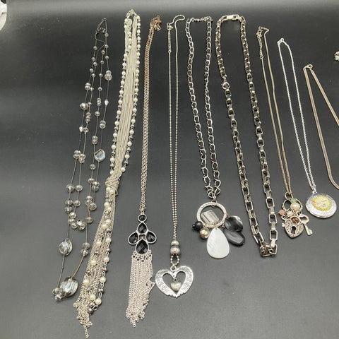Fashion Jewelry Lot of 13 Necklaces Silver Tone Faux Pearl Tassel Locket Charms