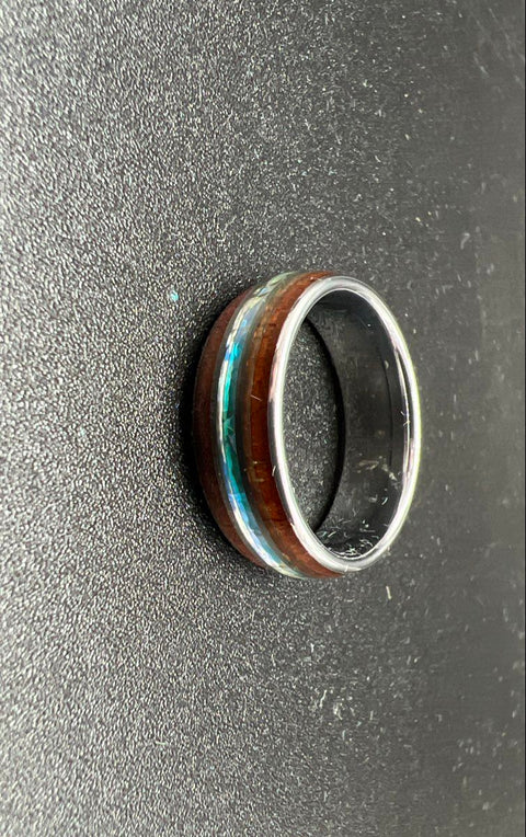 Lot of 5 Men's Fashion Ring Bands Wood Inlay Stainless Steel Rainbow Black