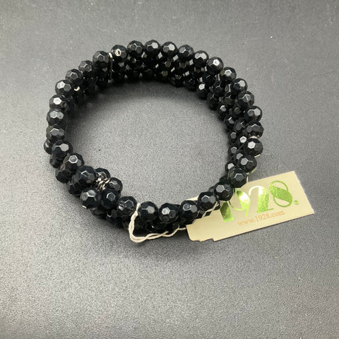 1928 Black Faceted Bead Memory Wire Wrap Bracelet Set 2 Piece Vintage Style