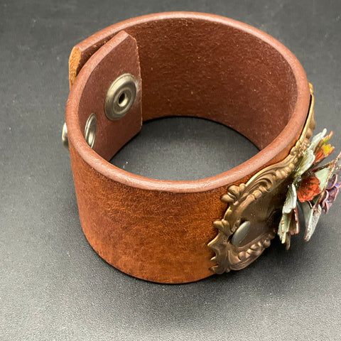 Leather Cuff Bracelet with Enameled Metal Flower Filigree Accent Western Boho