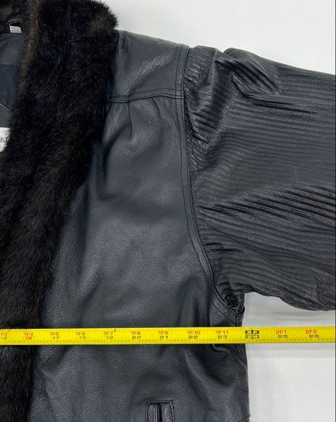Vintage Charles Klein Black Leather Faux Fur Pleated Sleeve Jacket Coat Womens M