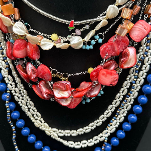 Vintage Boho Jewelry Lot 10 Necklaces Turquoise Style Shell Faux Pearl Beaded