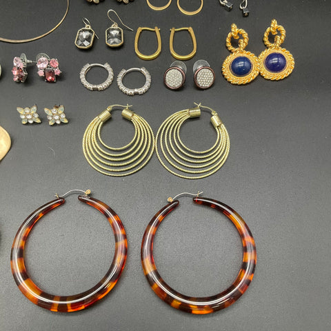 Vintage and Modern Earrings Lot 23 Pairs Hoops Studs Rhinestone Tortoiseshell