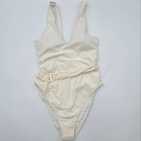 Tory Burch Women's Miller Plunge One-Piece Swimsuit New Ivory Gold Logo Sz M NWT