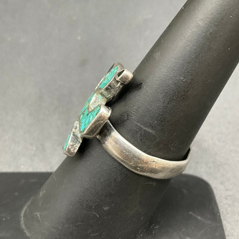 Vintage Silver Tone Turquoise Chip Inlay Bird Ring Southwestern Style Size 7.5