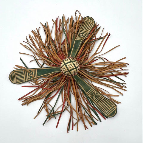 Vintage West African Fulani Woven Grass and Leather Hat Topper Finial Fringed