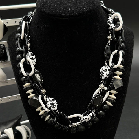 Black and White Jewelry Lot 8 Items Necklace Bracelet Earrings Polka Dot Retro