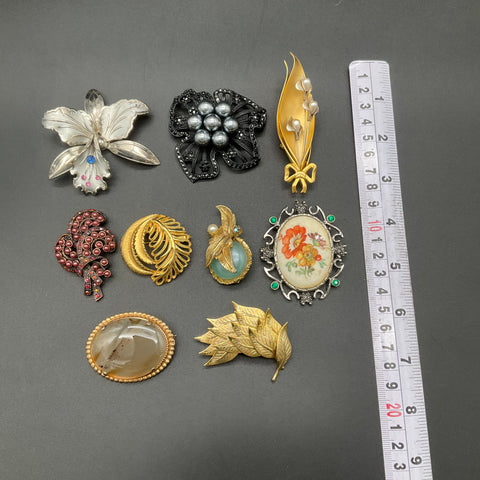 Vintage Costume Rhinestone Agate Faux Pearl Floral Brooches Jewelry Lot of 9
