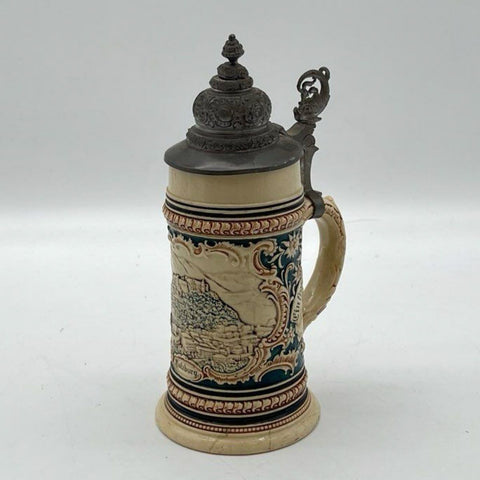 Vintage Beer Stein Salzburg Austria Relief Ceramic Stoneware Pewter Lid 10 Inch
