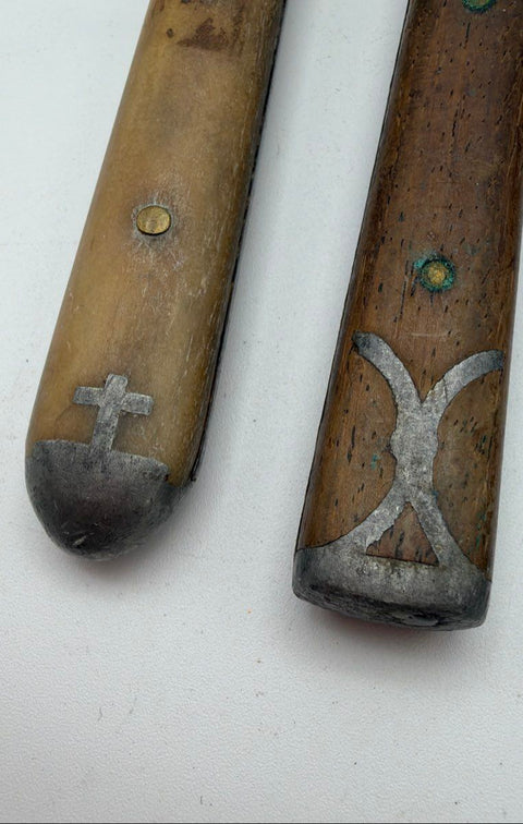 Vintage Folk Art Inlaid Handle Cutlery 8pc Set Wood Bone Steel Forks Knives