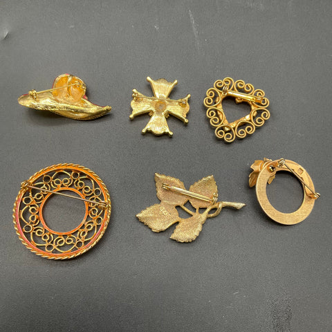 Vintage Gold Tone Brooch Lot of 6 DFA Rhinestone Enamel Red Hat Maltese Cross
