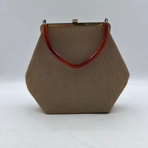 Vintage 1950s Soure Bag New York Tan Beaded Floral Lucite Handle Handbag Purse