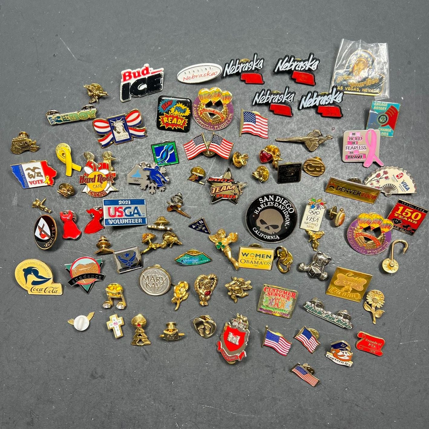 Large Lot of Pins Some Duplicates Flag Nebraska Ribbons Others