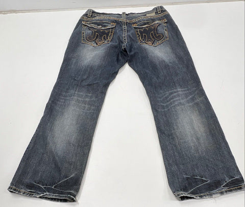 MEK Men's Natal Bootcut Jeans Dark Wash Thick Stitch Distressed Sz 38x34
