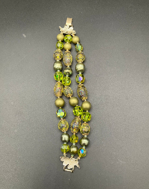 Vintage Vendome Green AB Crystal Glass Bead Demi Parure Bracelet Earring Set