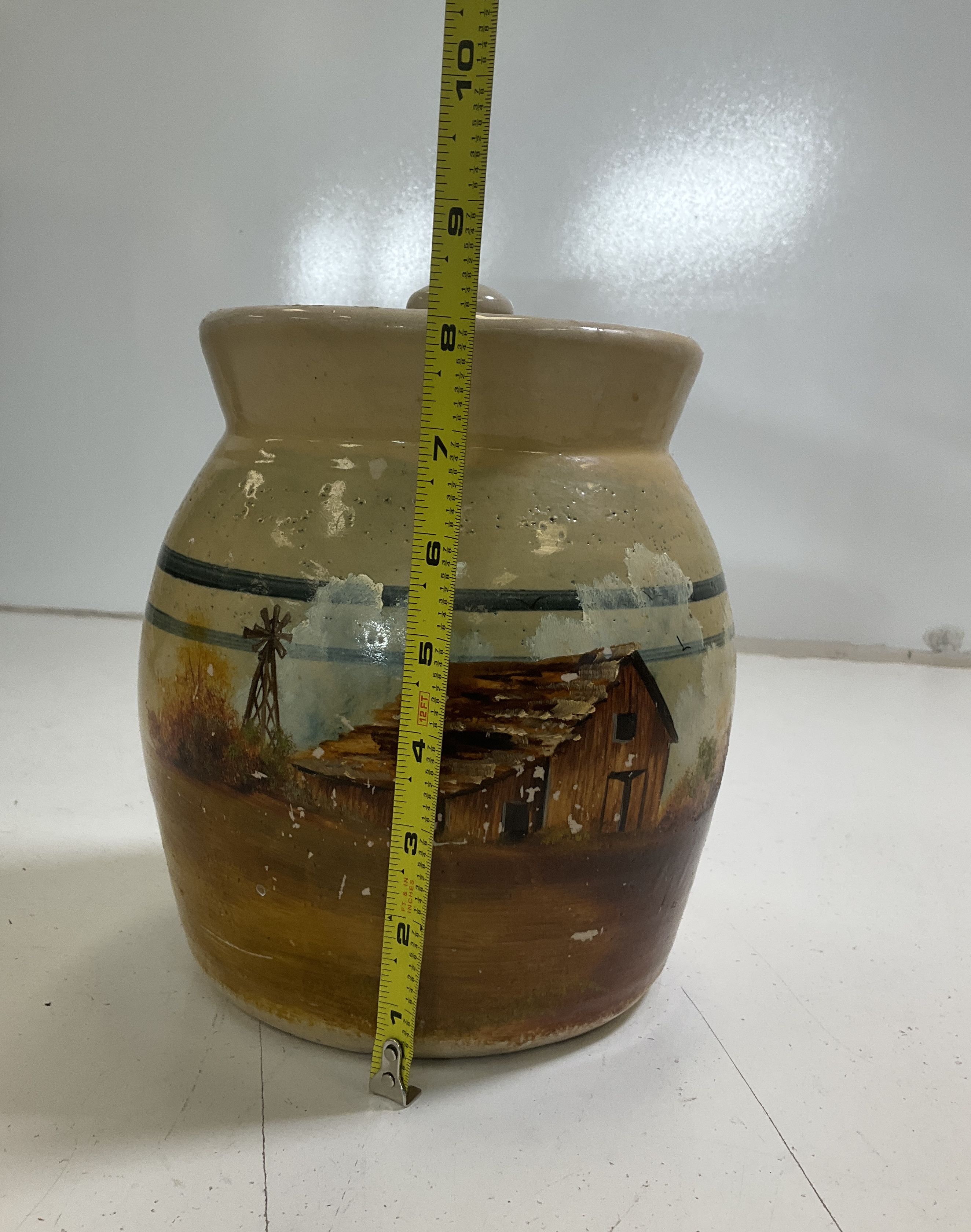 Vintage Signed Hatness Hand Painted Barn Canister Crock Jar 1987 9 Inch