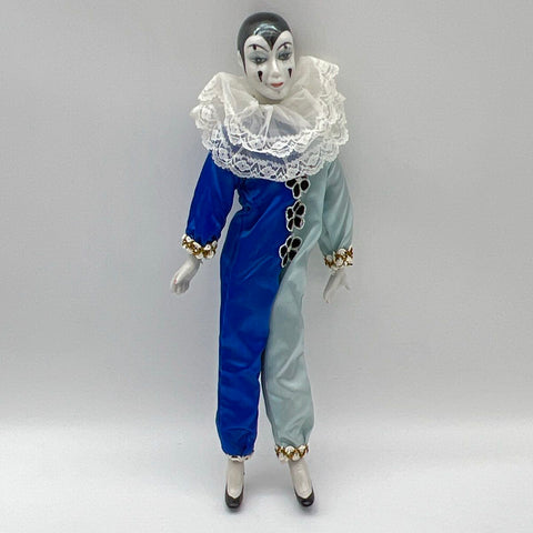 Porcelain Harlequin Pierrot Doll Blue Silver Satin 17 Inch Vintage With Box