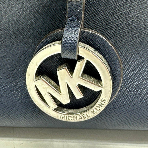 Michael Kors Navy Blue Saffiano Leather Jet Set Travel Tote Bag Silver Hardware