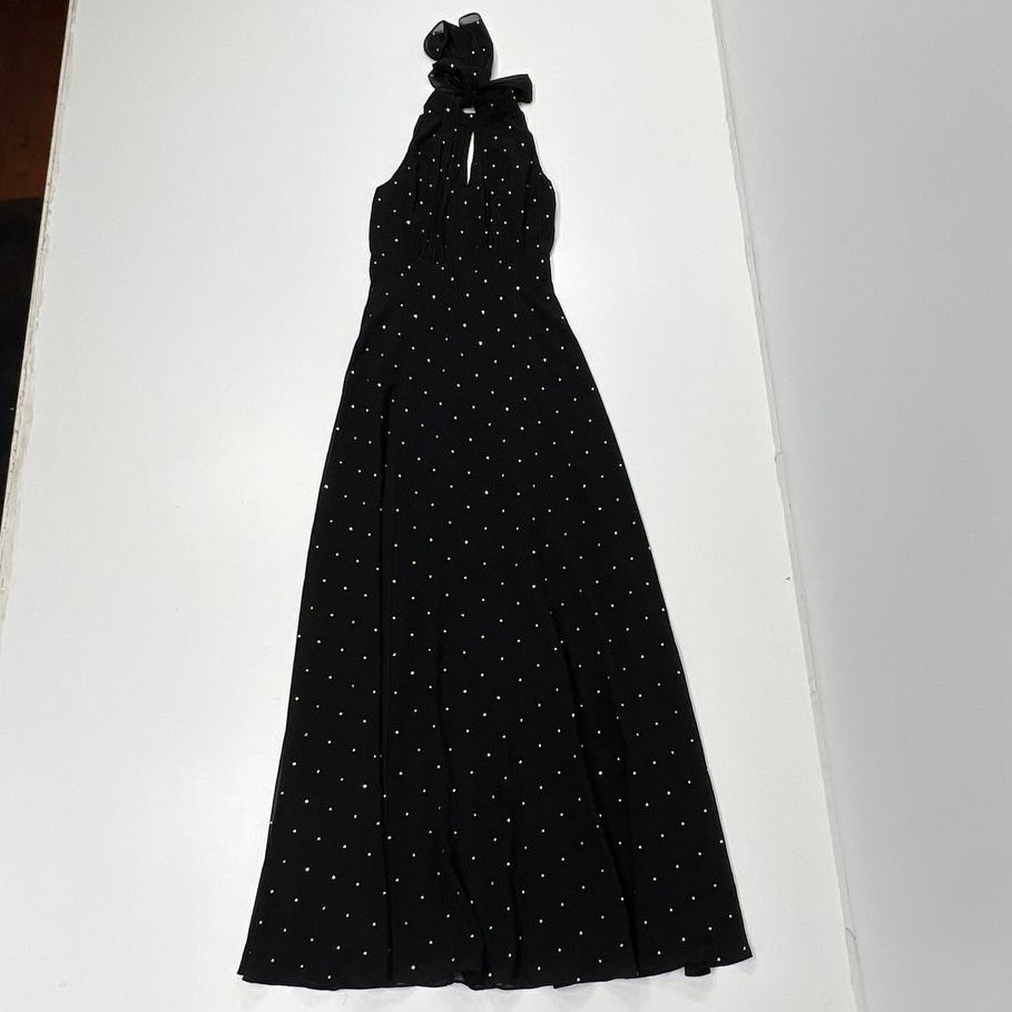 Women's Karl Lagerfeld Black Sleeveless Tie Neck Long Dotted Dress - Size 0