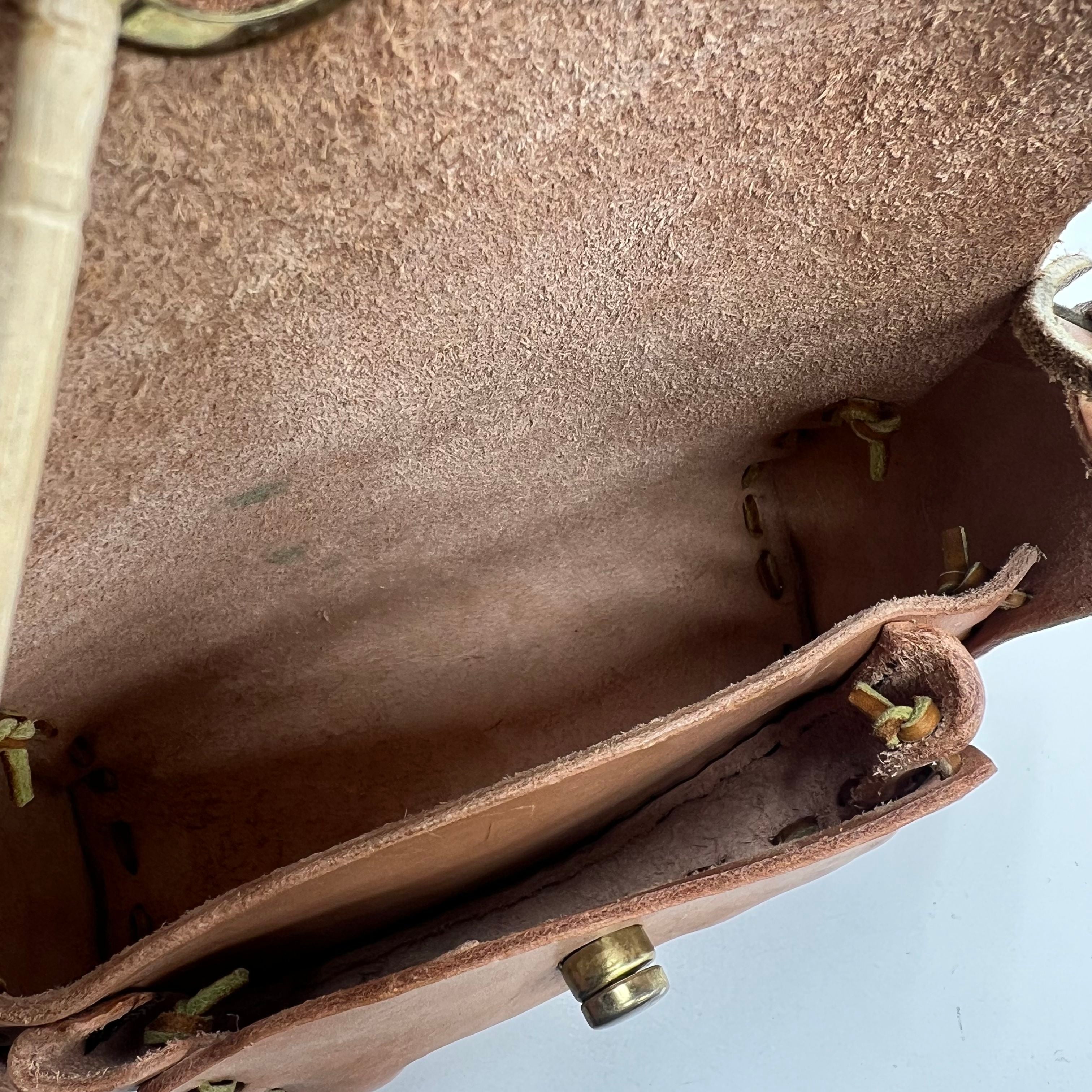 Vintage 70s Tooled Leather Floral Boho Hippie Mini Crossbody Purse Bag Brown