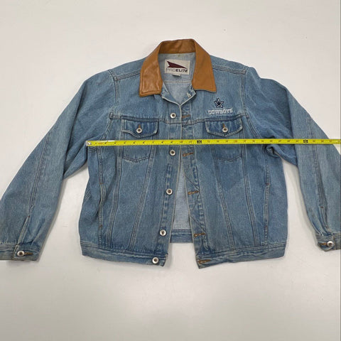 Vintage 90s Dallas Cowboys Pro Elite Denim Jacket Leather Collar Sz XL