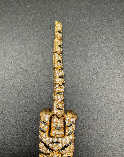 Vintage Articulated Tiger Brooch Pave Rhinestone Black Enamel Over the Shoulder