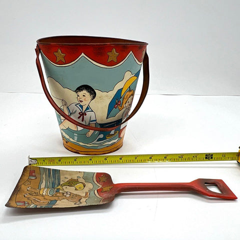 Vintage Litho Tin Sand Pail and Shovel Set Children Beach Scene Toy 1950s