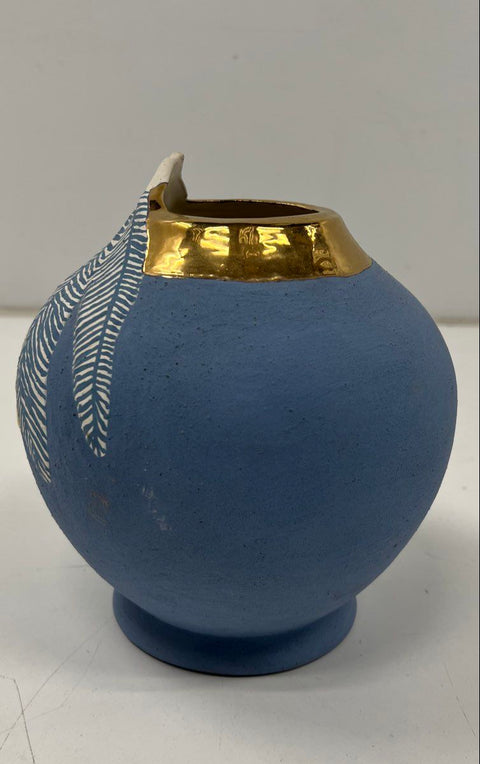 Vintage Blue Ceramic Art Pottery Vase Gold Gilded Rim Leaf Motif 8 Inch