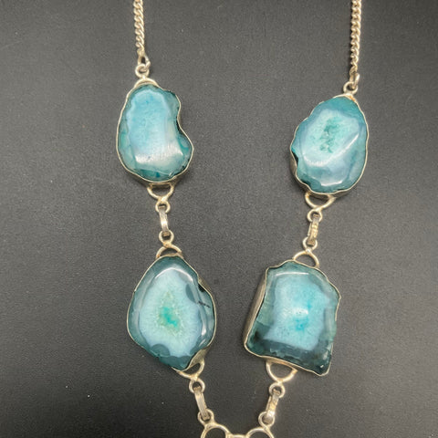 Teal Agate Geode Slice Statement Necklace Silver Tone Bezel Link 20"