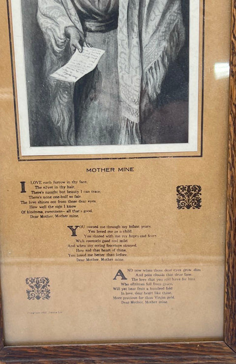 James Lee Mother Mine Poem Portrait Print 21x9.5 Vintage 1912 Framed Art