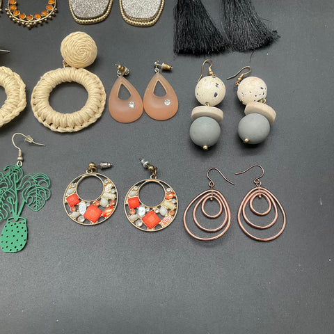 Boho Statement Earrings Lot of 16 Pairs Tassel Raffia Hoop Drop Retro Styles