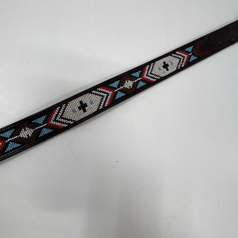 3D Belt Co Brown Hand Tooled Leather Beaded Western Belt Silver Buckle Sz 38