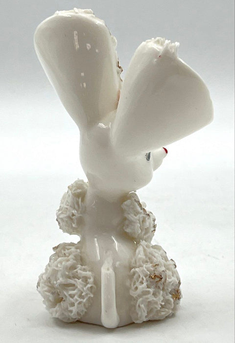 Vintage Ceramic Mouse Figurine White Spaghetti Ware With Pink Rose 4.5 Inch