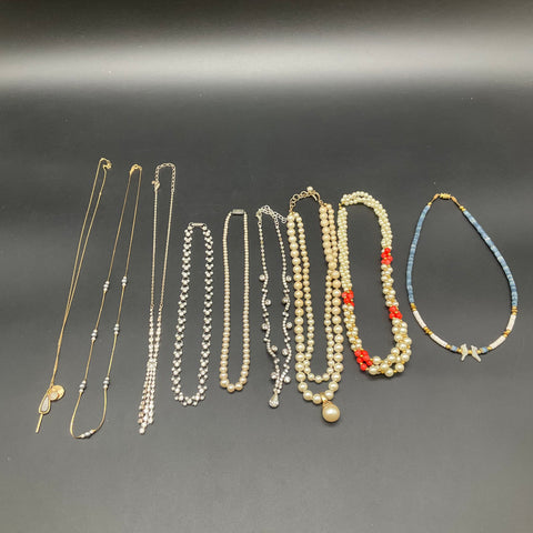 Vintage Costume Jewelry Lot 9 Necklaces Faux Pearl Rhinestone Gold Silver Tone