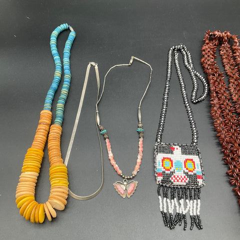 Southwestern Boho Beaded & Seed Necklace Jewelry Lot of 7 Shell Wood Stone