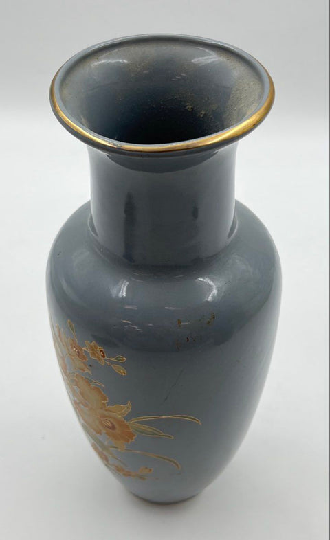 Vintage Grey Ceramic Vase Floral Motif Gold Rim 11.5 Inch Tall Mid Century Style