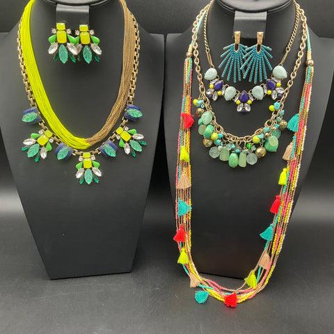 Costume Jewelry Lot Necklaces Earrings Turquoise Neon Tassels Gold Tone 7pc