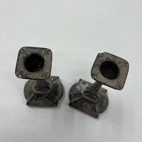 Antique Pair Victorian Cast Metal Candlestick Holders Renaissance Gothic Revival