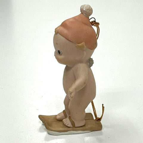 Enesco Kewpie Figurine 1992 Skiing Christmas Ornament Vintage Pink Winter Hat