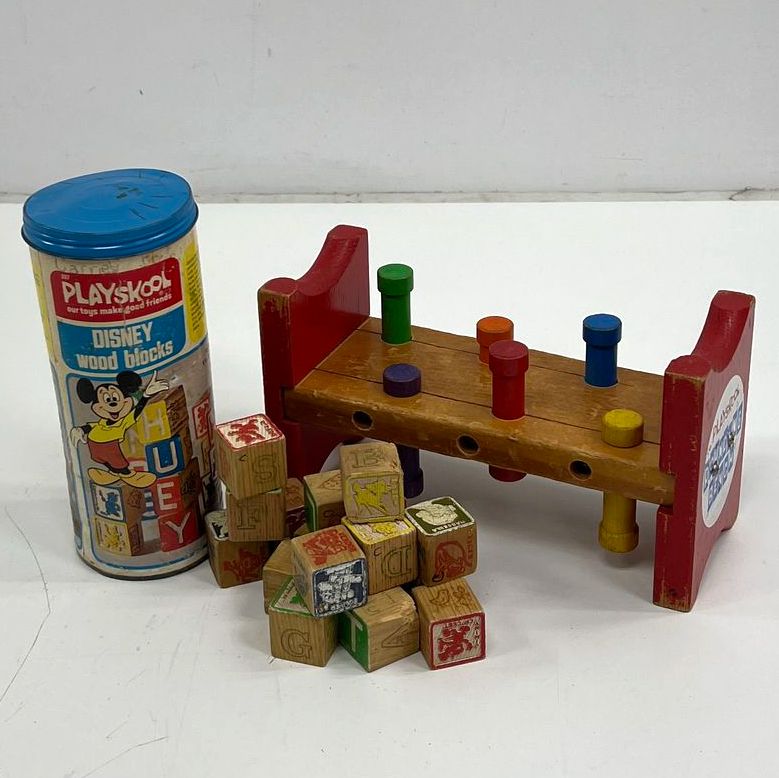 Vintage 1970s Playskool Toy Lot Pounding Bench & 1974 Disney Wood Blocks