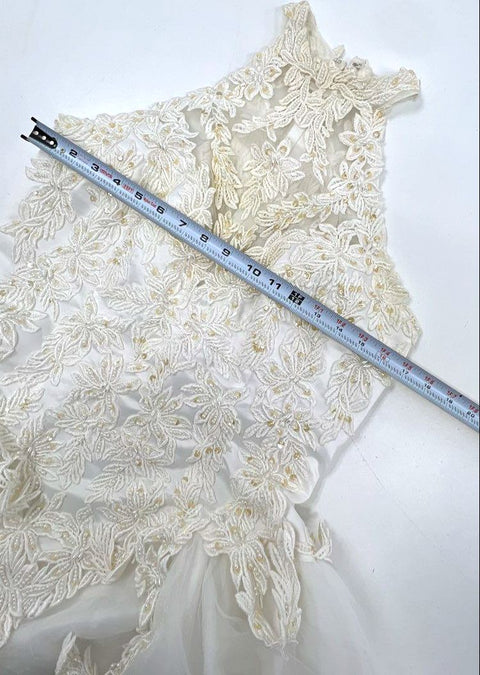Vintage Y2K Women's White High Neck Halter Lace Beaded Wedding Dress Gown Sz 16