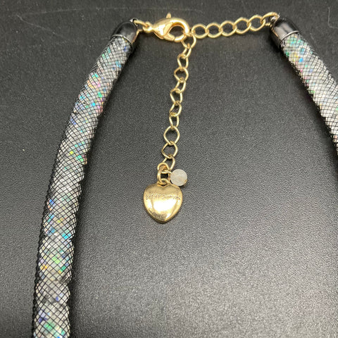 Betsey Johnson Mesh Bow Necklace Iridescent Glitter Rhinestone Gold Tone Heart