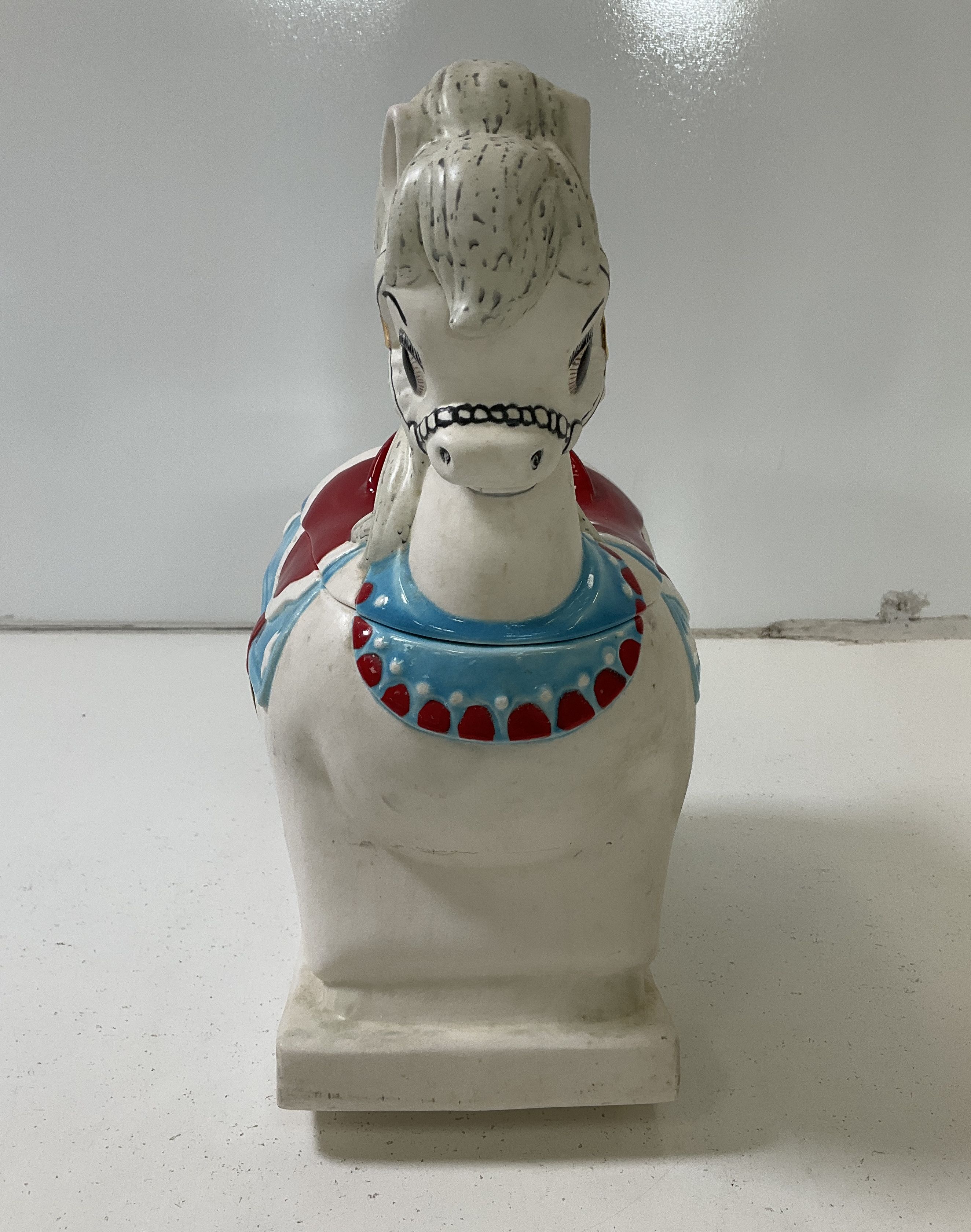 Vintage Alberta's Bisque Rocking Horse Cookie Jar White Red Blue Hand Painted