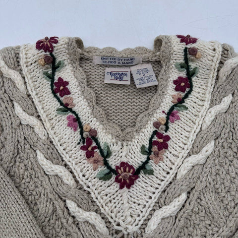 Vintage 90s Huntington Ridge Hand Knitted Ramie Blend Floral Sweater Sz M