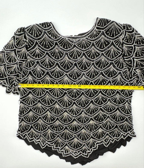 Lawrence Kazar Women's Vintage 90s Black Beaded Sequin Silk Art Deco Top Sz 3X