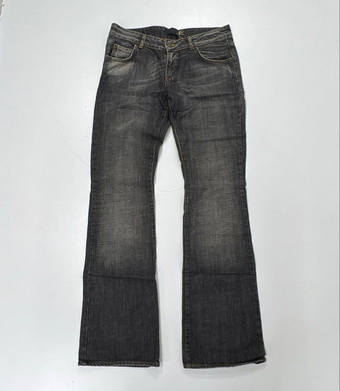 Vintage Y2K Just Cavalli Women's Gray Flared Rhinestone Logo Denim Jeans Sz 28