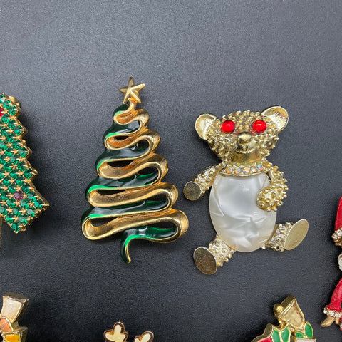 Vintage Christmas Brooches Jewelry Lot of 9 Santa Tree Reindeer Angel Penguin