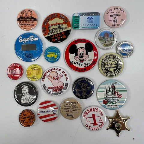 Vintage Pinback Button Lot of 24 Mickey Mouse Kentucky Derby Delta Kewpie Pins